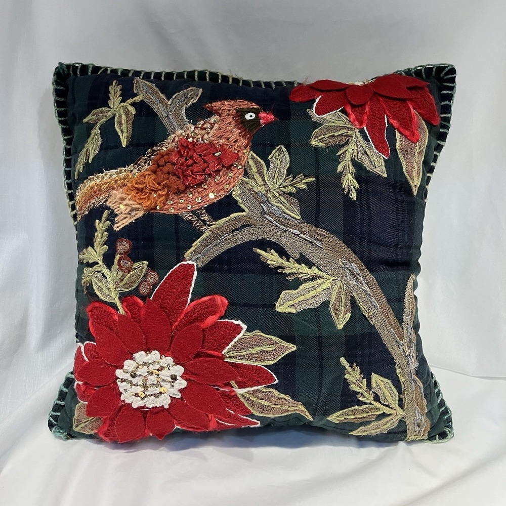 Pottery Barn Cardinal Poinsettia Accent Pillow Textured Crewel Embroidery 16x16"